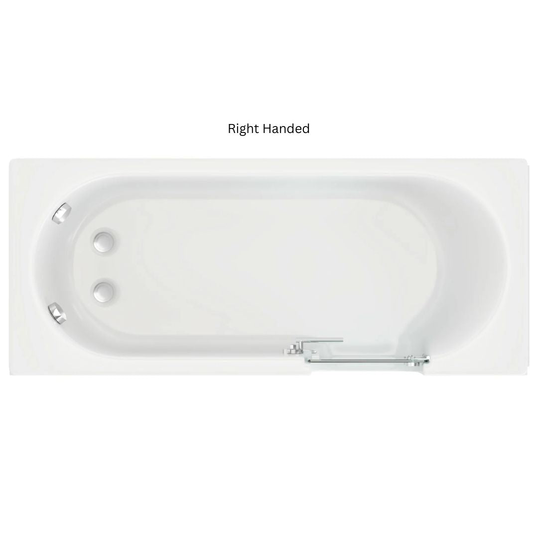 A white rectangular bathtub shown from above on a white background, with the text 'Right Handed' above it. The tub has chrome fixtures and two circular drain openings on the left side.