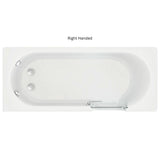 A white rectangular bathtub shown from above on a white background, with the text 'Right Handed' above it. The tub has chrome fixtures and two circular drain openings on the left side.