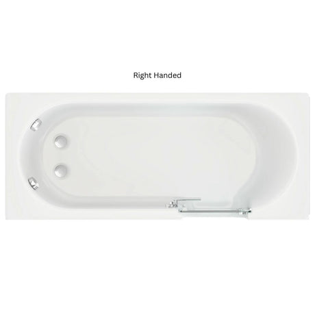 A white rectangular bathtub shown from above on a white background, with the text 'Right Handed' above it. The tub has chrome fixtures and two circular drain openings on the left side.