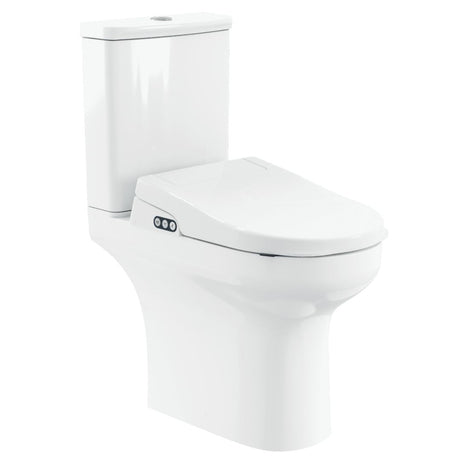 A modern white ceramic bidet toilet with a closed seat and a small control panel on the side, shown against a plain white background.