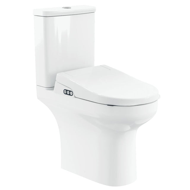 A modern white ceramic bidet toilet with a closed seat and a small control panel on the side, shown against a plain white background.
