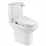 A white ceramic bidet toilet with a closed lid and a small control panel on the front, a lever cistern,  shown against a plain white background.