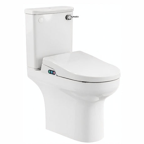 A white ceramic bidet toilet with a closed lid and a small control panel on the front, a lever cistern,  shown against a plain white background.