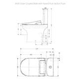 Technical dimension drawing of a close-coupled bidet toilet with raised push button flush, showing side and front elevations with measurement labels on a white background.