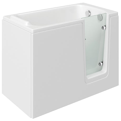 A modern white walk-in bathtub with a clear glass door panel and silver metal hardware, shown on a plain white background.