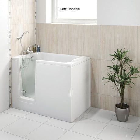 A white walk-in bathtub with a left-hand entry shown in a tiled bathroom setting. The tub features a built-in shower head and hose.