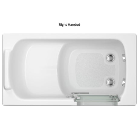 Top-down view of a white right-handed bathtub with a textured non-slip pad on the inner floor and chrome controls, labeled 'Right Handed' on a white background.