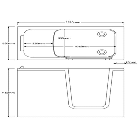 Black and white technical dimension drawing of a bathtub, showing top-down and side-profile measurements with labels such as 1210mm, 650mm, 945mm, and others.