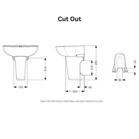 Technical dimension diagram showing a sink cut-out profile with three orthographic views, labeled Navin 450/500/550m Wash Basin with Semi Pedestal (Cut Out), on a white background.