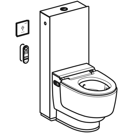 Line drawing of a modern toilet with control panel on the side.