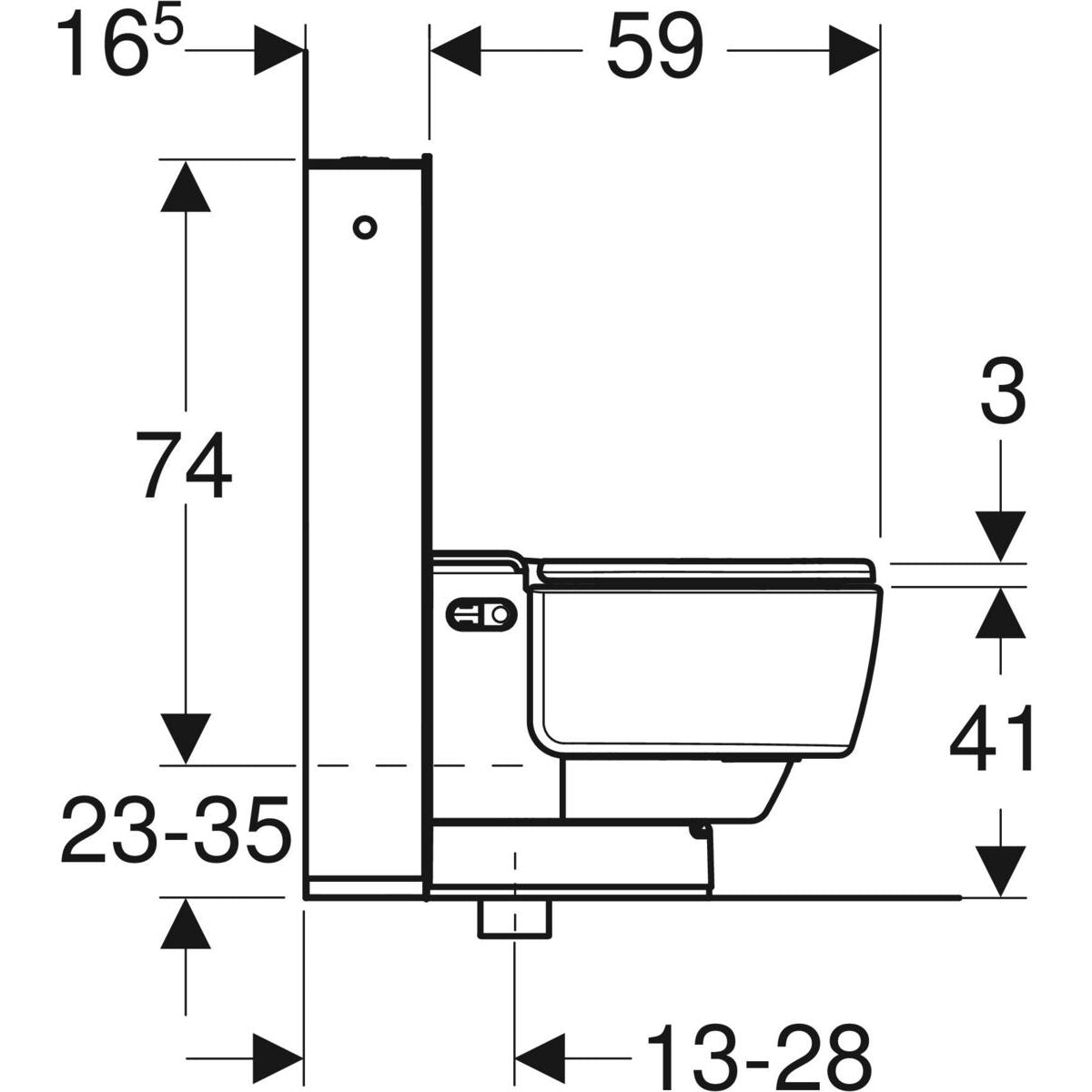 Technical drawing of a toilet with dimensions labeled
