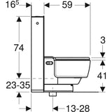 Technical drawing of a toilet with dimensions labeled