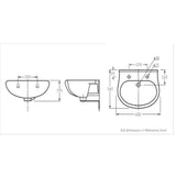 Technical dimension drawing of a wall-mounted bathroom sink basin, showing front, side, and top-down views with measurements in millimeters on a white background.