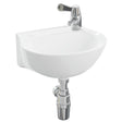 White wall-mounted bathroom sink with a chrome single-handle faucet and visible chrome drain pipe, shown on a plain white background.