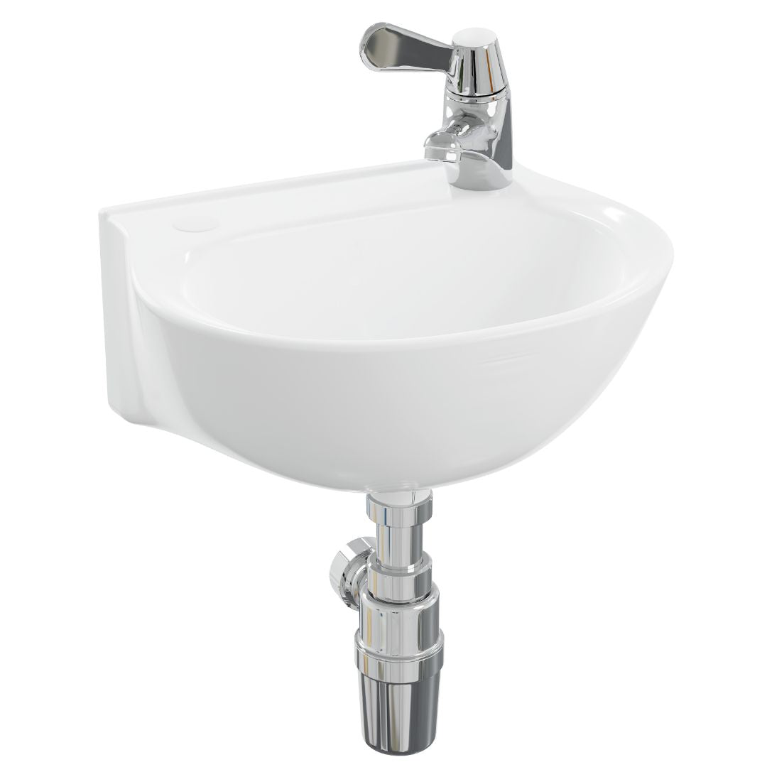 White wall-mounted bathroom sink with a chrome single-handle faucet and visible chrome drain pipe, shown on a plain white background.