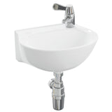 White wall-mounted bathroom sink with a chrome single-handle faucet and visible chrome drain pipe, shown on a plain white background.