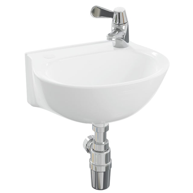 White wall-mounted bathroom sink with a chrome single-handle faucet and visible chrome drain pipe, shown on a plain white background.