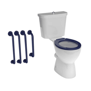 White toilet with blue seat and four handles on a white background