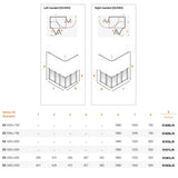 A technical specification and measurement chart showing left-handed and right-handed panel configurations with labeled dimensions and a tabular size reference.