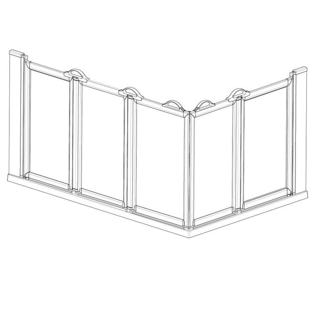 A line drawing schematic of a shower screen, showing panels and posts on a plain white background.