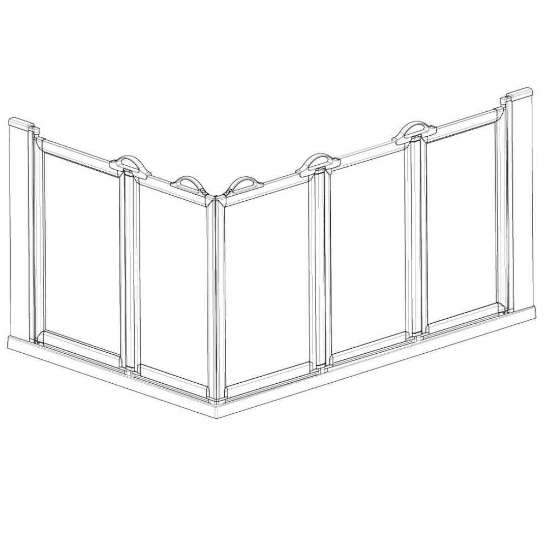 A black and white line drawing schematic of a shower screen, showing its corner configuration and latch details on a plain white background.
