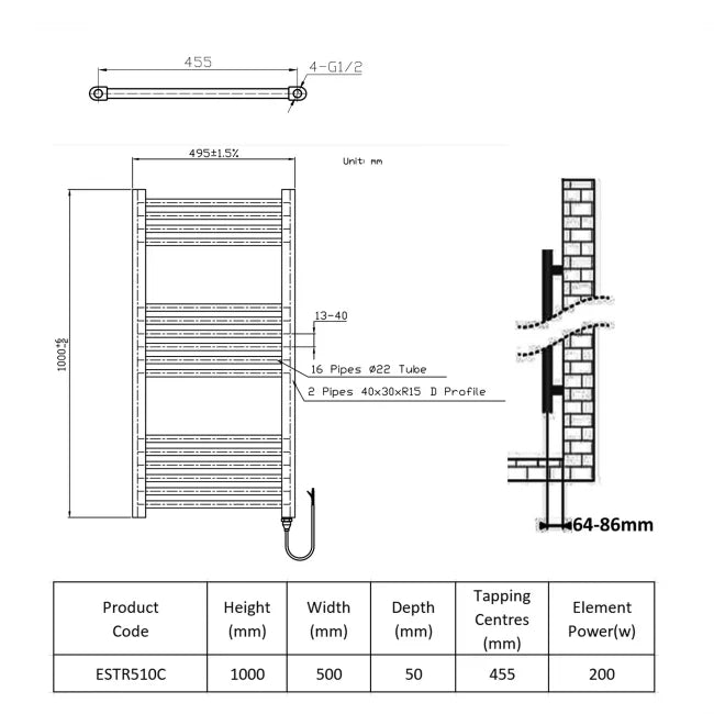 Technical drawing and dimensions of a towel radiator with product code ESTR510C.