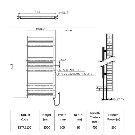 Technical drawing and dimensions of a towel radiator with product code ESTR510C.