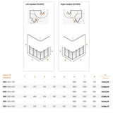 Technical drawing of shower screens showing dimensions by product number