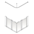 Diagram of a corner shower enclosure with a fixed panel and sliding door on a white background