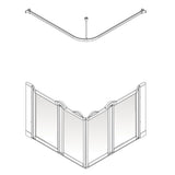 Diagram of a corner shower enclosure with a fixed panel and sliding door on a white background