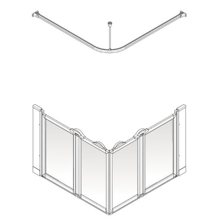 Diagram of a corner shower enclosure with a fixed panel and sliding door on a white background