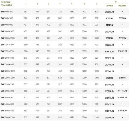 Table with product dimensions and specifications in a grid format.