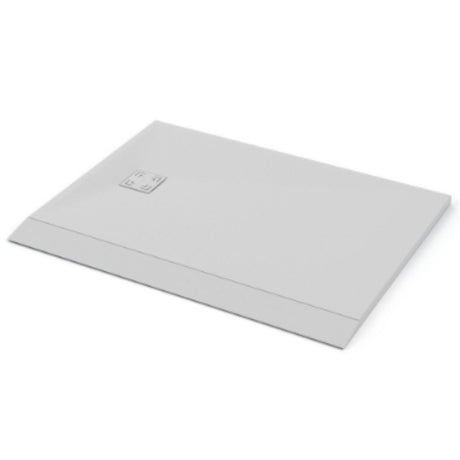 A light grey rectangular shower tray and ramp with side on full width entry, on a plain white background.