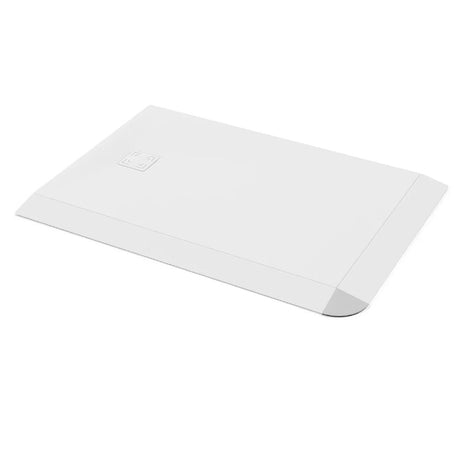 A minimalist white rectangular shower tray and ramp with rounded corners, shown on a clean white background.