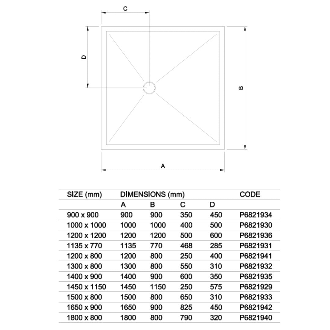 A size and dimension chart showing a square panel diagram with labeled sides A, B, and D, plus a reference table listing dimensions in millimeters and corresponding codes.