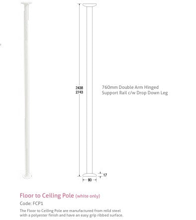 Measurement chart for a floor to ceiling pole with dimensions and specifications.