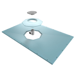 Blue wetroom former with circular cutout on a white background