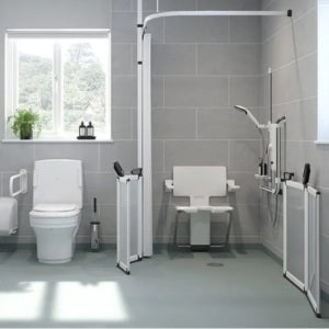 Bathroom with a wheelchair accessible shower and toilet.