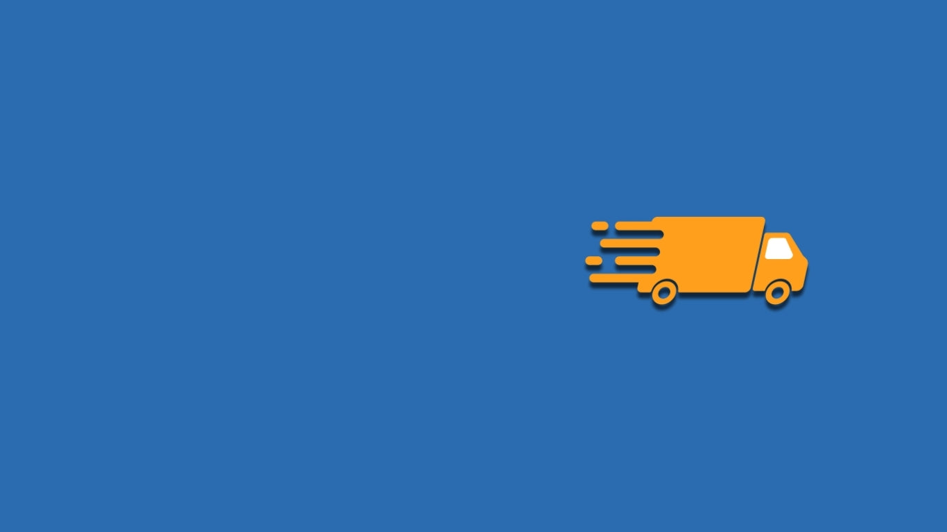 An orange delivery truck icon with motion lines on a solid blue background.