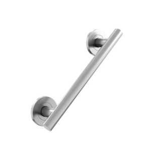 Stainless steel grab bar on a white background