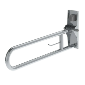 Chrome grab bar mounted on a white background