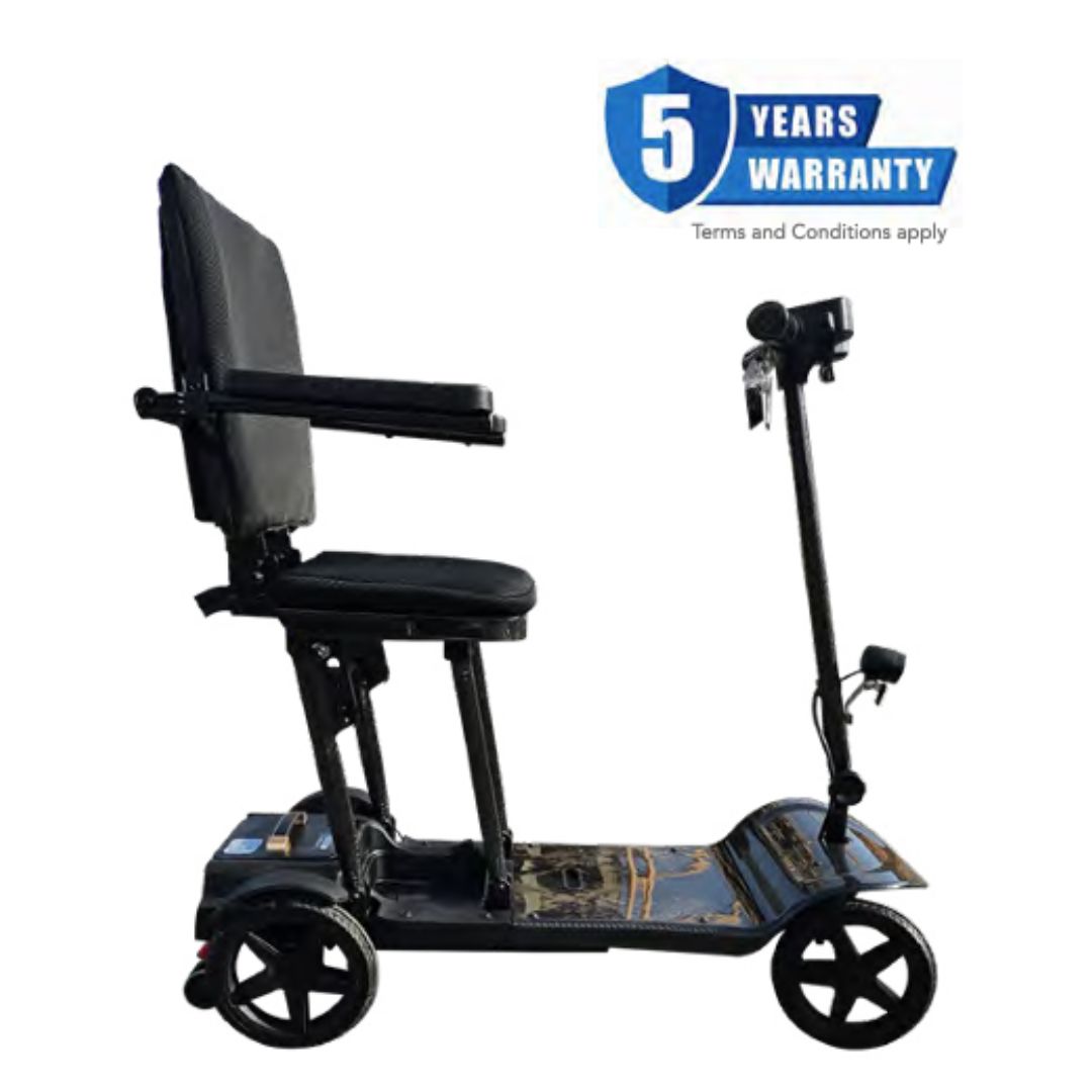 Mobility scooter with a 5-year warranty badge on a white background