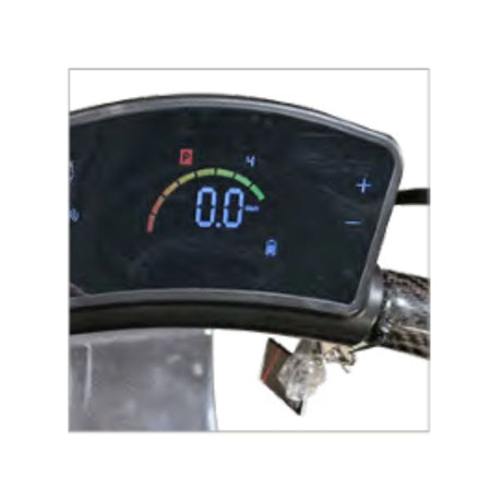 Close-up of a mobility scooter dashboard with digital display and controls.