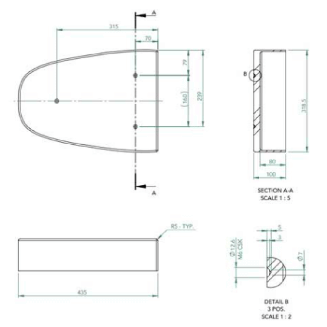 Technical drawing of a toilet plinth with dimensions and sections labeled
