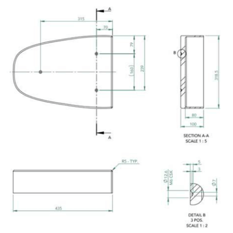 Technical drawing of a toilet plinth with dimensions and sections labeled