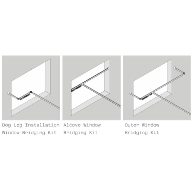 Bridging kit showing 3 installation options, including dog-leg, alcove and outer window.
