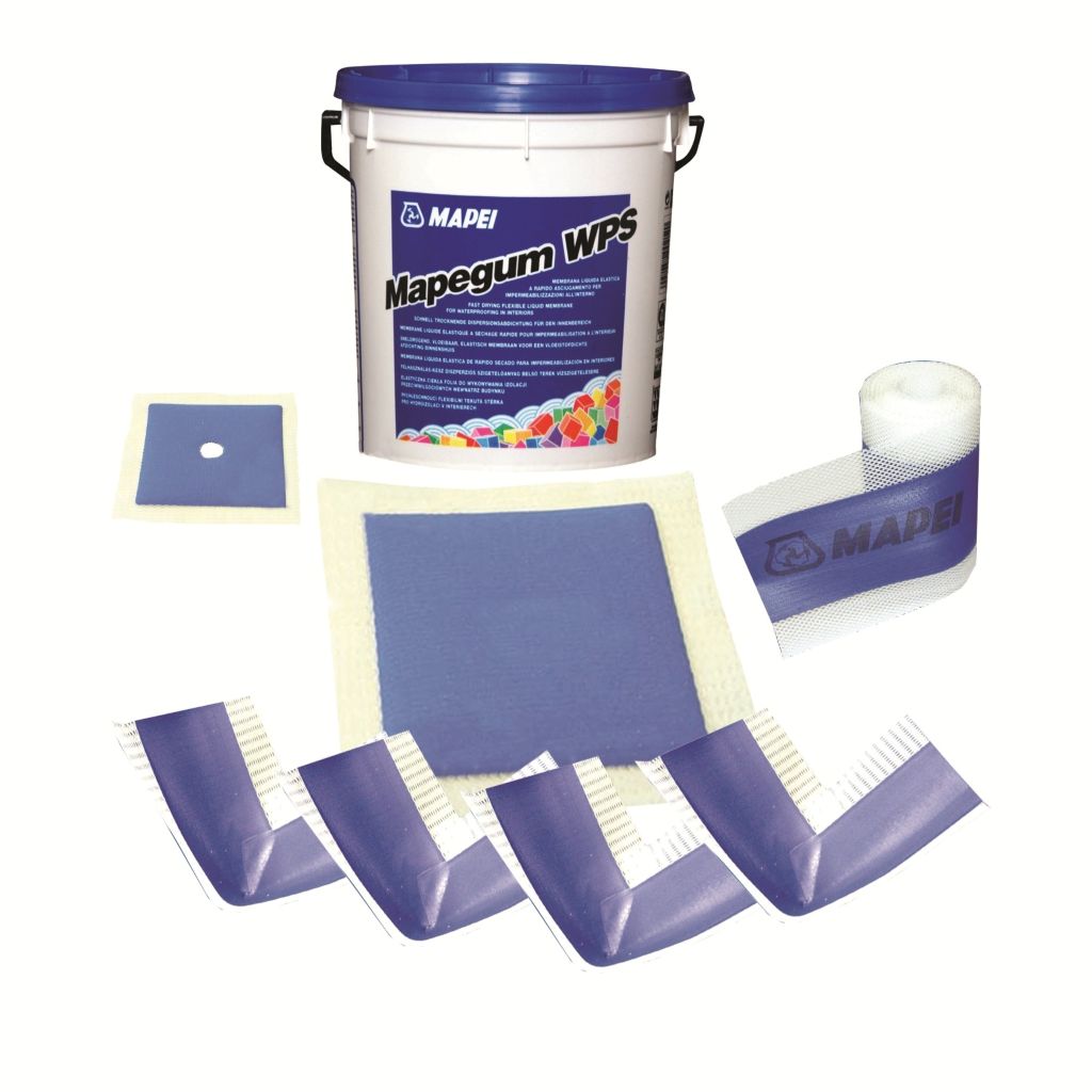 Mapei Mapegum WPS product set including a bucket, roller, and tools on a white background