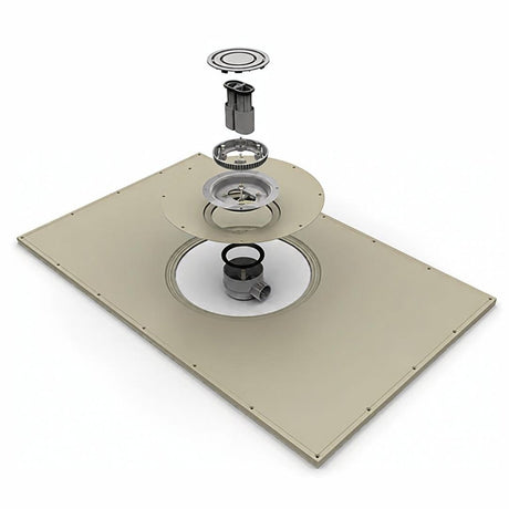 An exploded view diagram of a wetroom floor former, showing a beige rectangular base plate with a circular cutout, a central metal flange, a black pipe fitting, and other small hardware parts floating above on a white background.