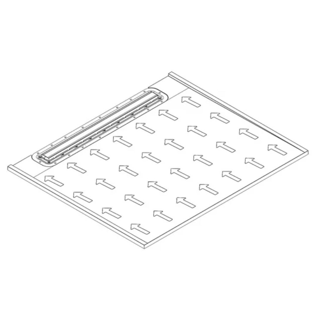 Diagram of linear wetroom former on white background showing water flow towards the waste