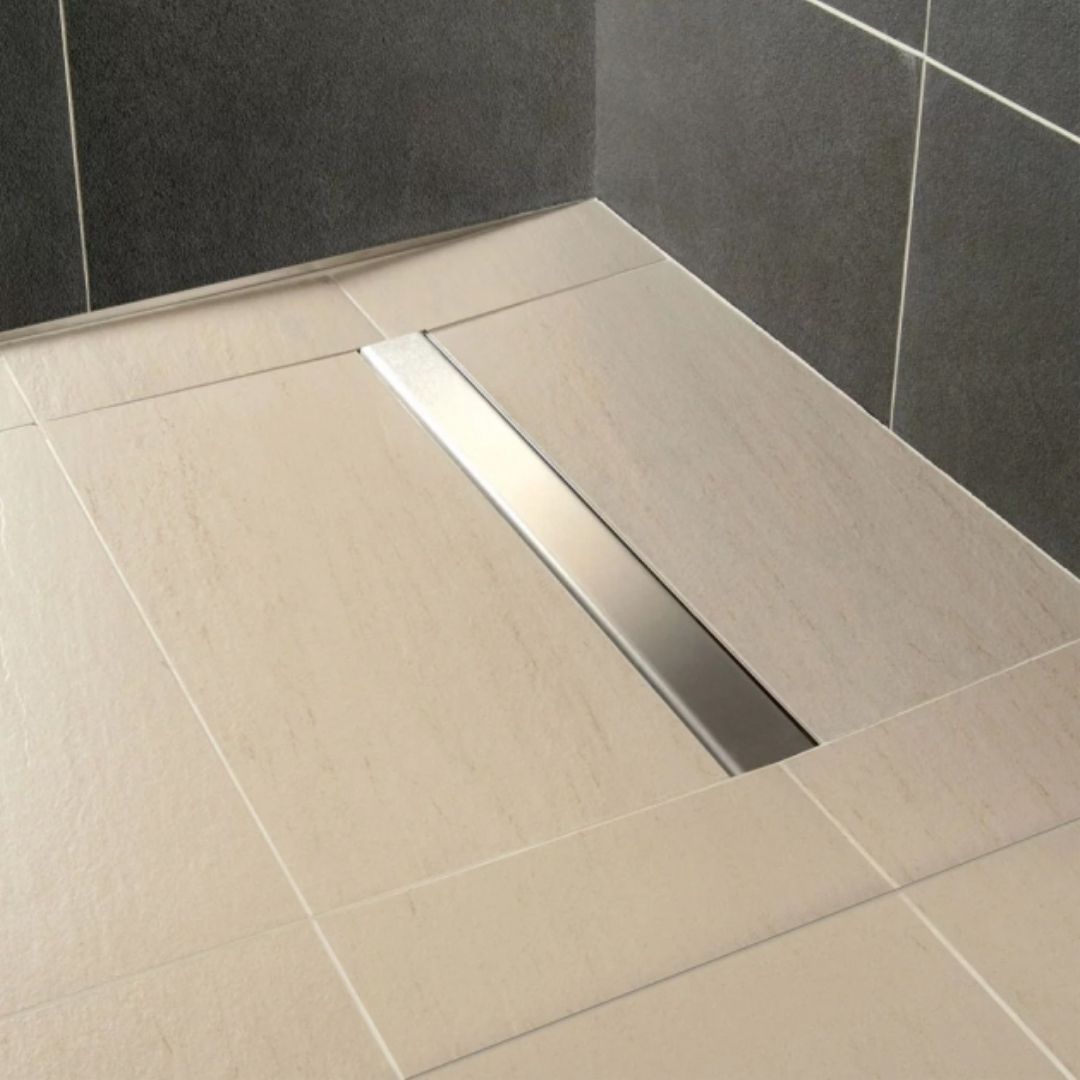 Close up of the Linear 2 Aqua Dec drain following tiling